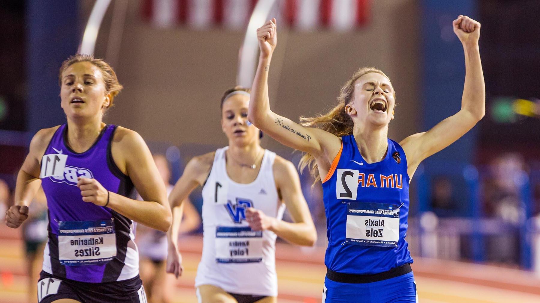  Alexis Zeis winning the 5,000 meter at the NCAA Division II National Indoor Championships in Birmingham, Alabama.